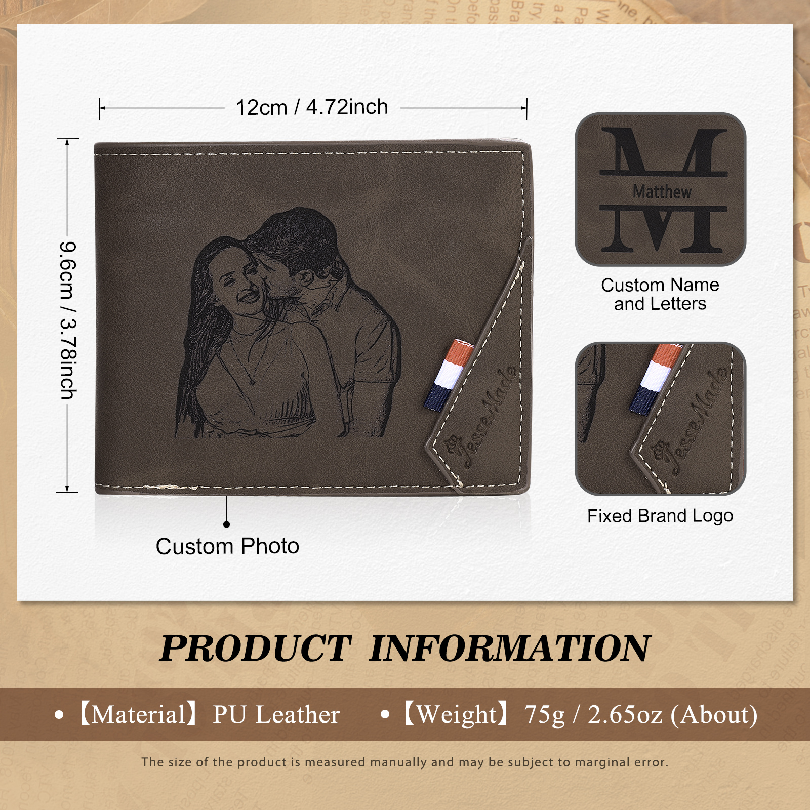 Personalized Men's Leather Wallet – Custom Photo, Name & Initial | PU Leather Wallet with Gift Box - Christmas Gift for Him | Jessemade