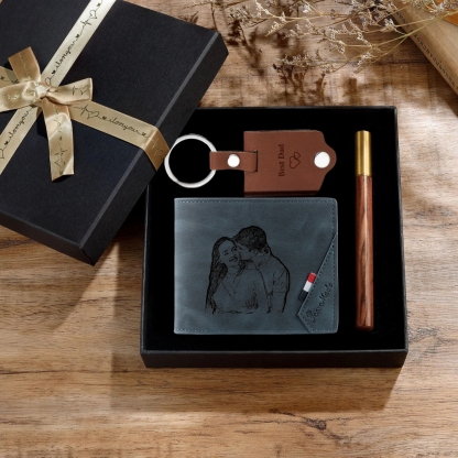 Photo Personalized Leather Wallet Gift Box Set with Keychain Customiza
