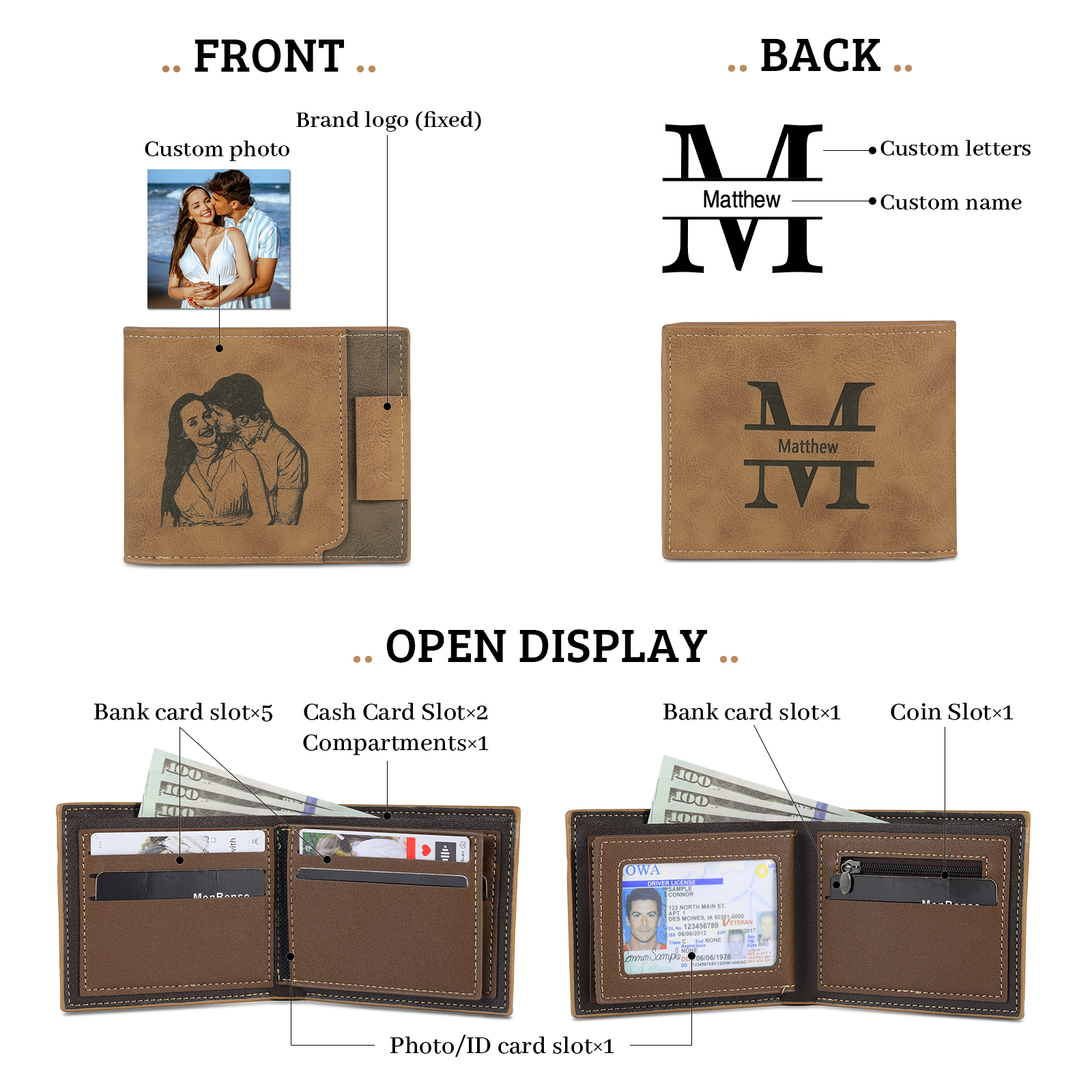 Personalized Name Leather Men's Wallet With Card Slot Engraved Letter And Photo with Gift Box Gift For Him | Jessemade