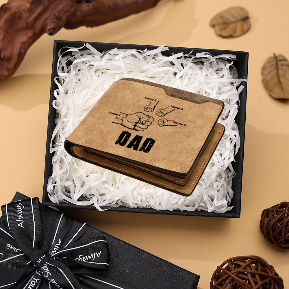 4 Names - Personalized Leather Men's Wallet Custom Photo Fist Fold Wallet with Gift Box for Dad