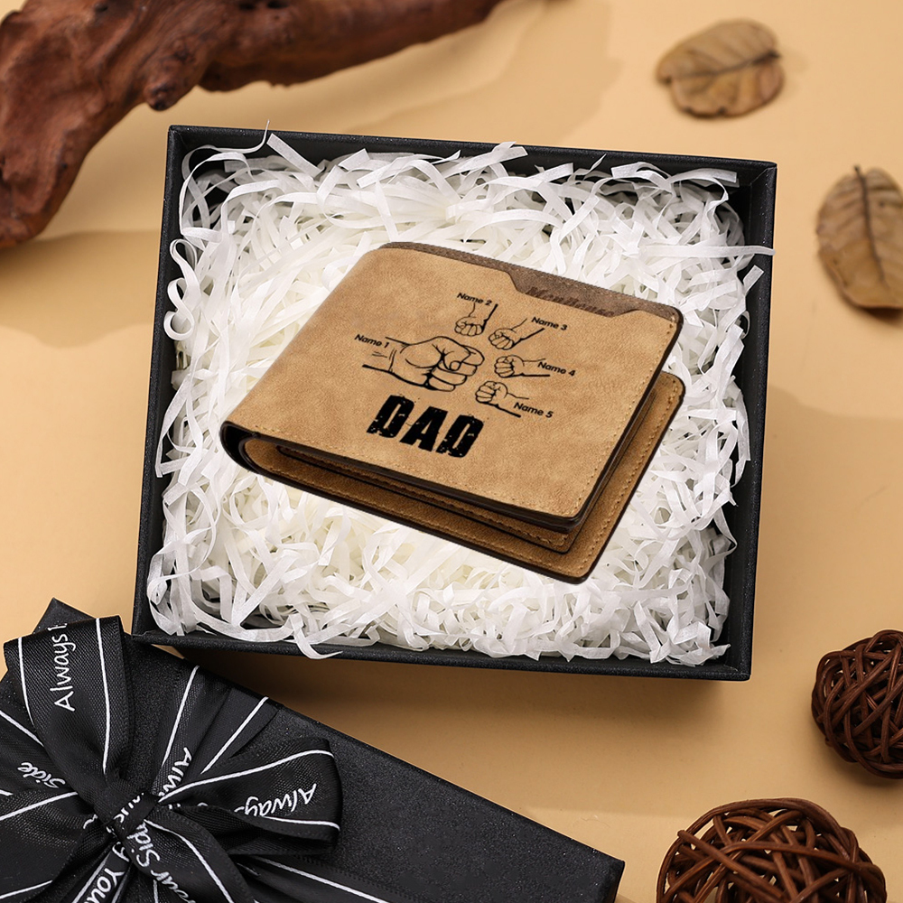 5 Names - Personalized Leather Men's Wallet Custom Photo Fist Fold Wallet with Gift Box for Dad