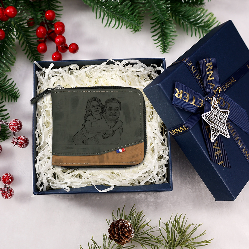 Photo Personalized Leather Zipper Men's Wallet Customized Name Letter Folding Wallet Three Colors Available with Gift Box for Dad