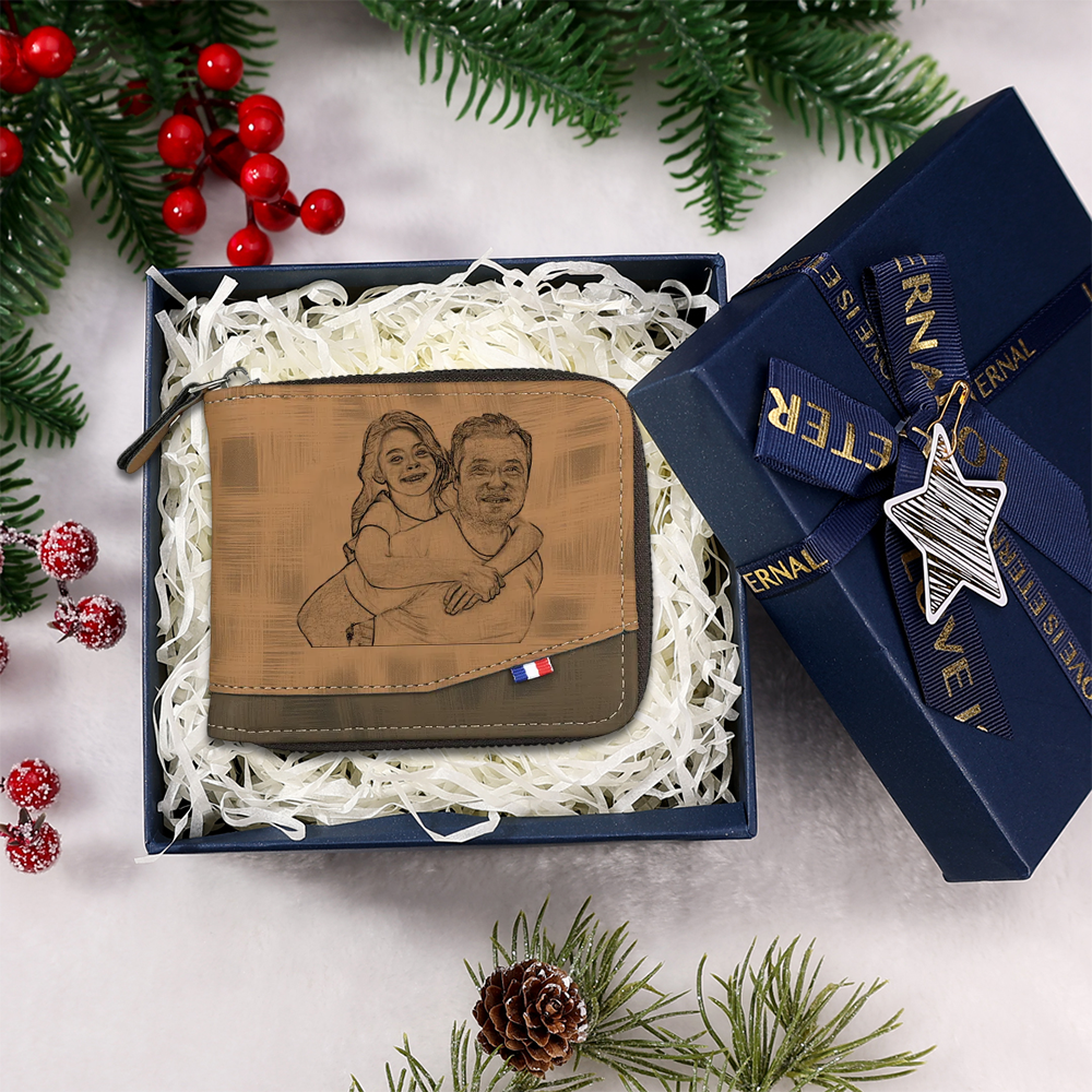 Photo Personalized Leather Zipper Men's Wallet Customized Name Letter Folding Wallet Three Colors Available with Gift Box for Dad