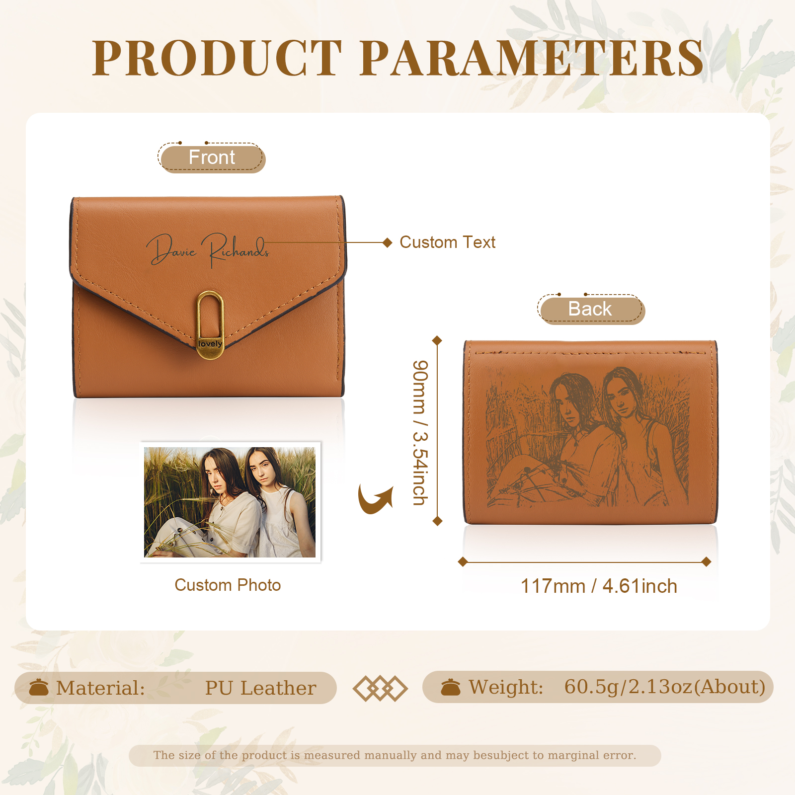 Personalized Photo and Text Pu Leather Brown Folding Women Wallet for Her