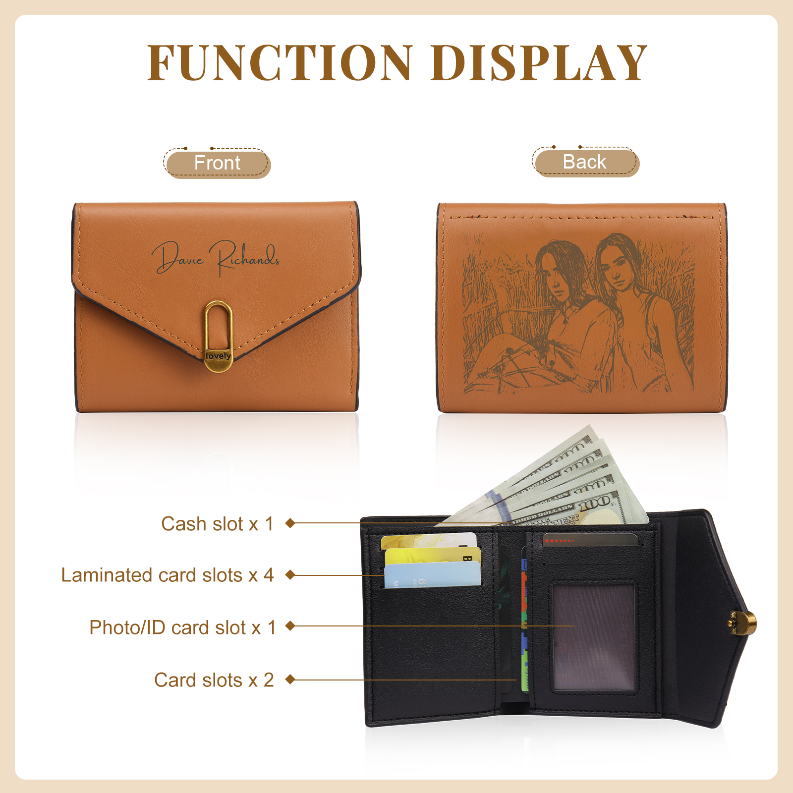 Personalized Photo and Text Pu Leather Brown Folding Women Wallet for Her