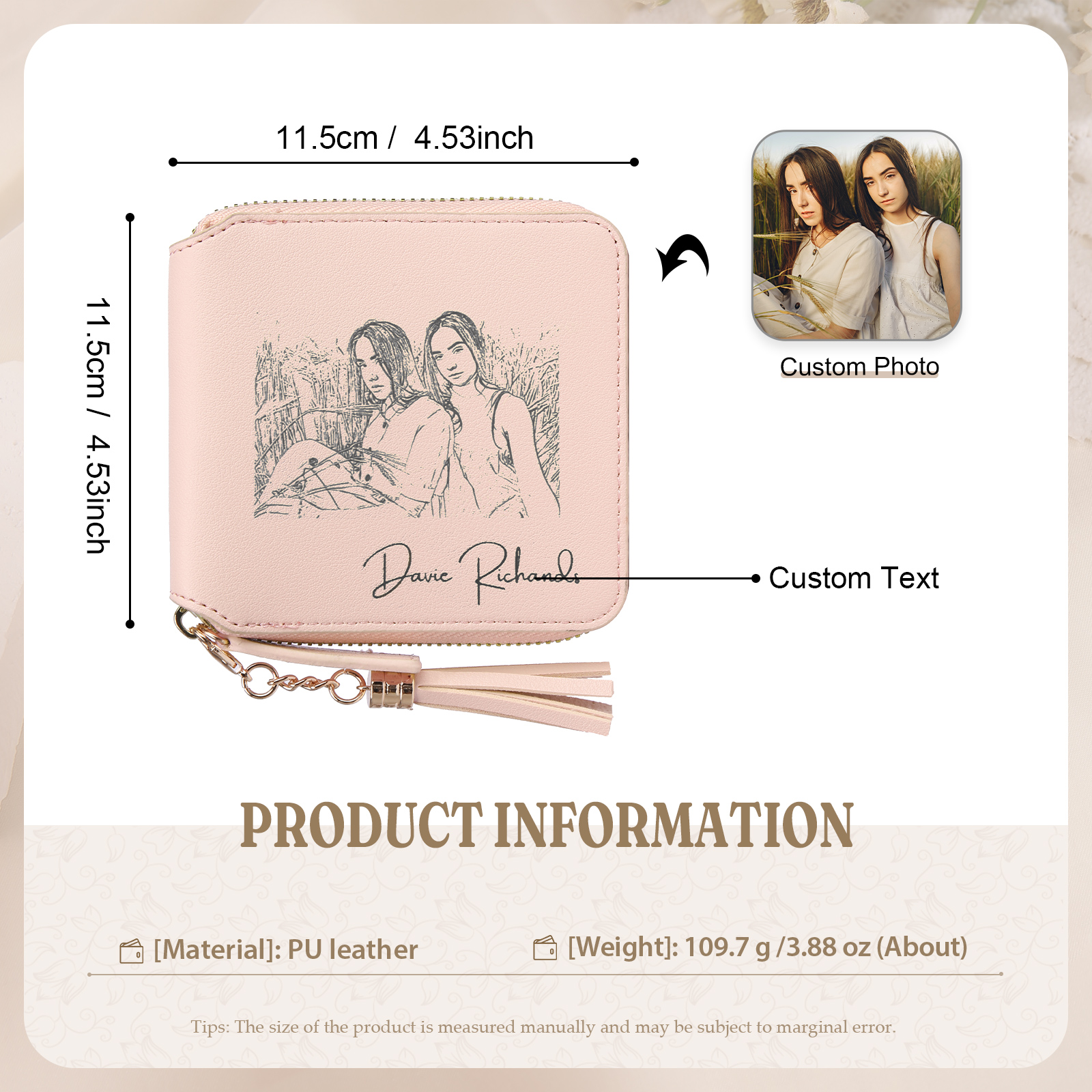 Personalized Photo and Text Pu Leather Pink Folding Women Wallet for Her