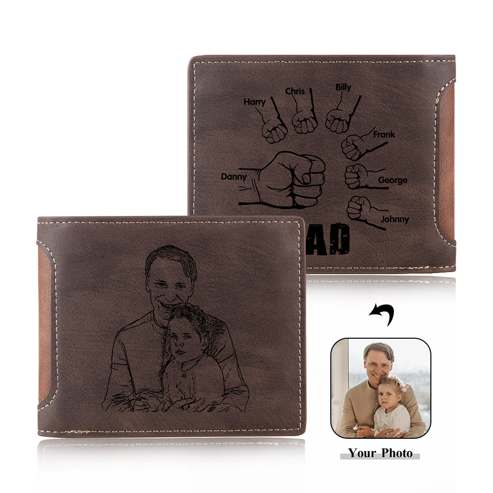 7 Names - Personalized Photo Custom Leather Men's Folding Wallet as a Father's Day Gift for Dad