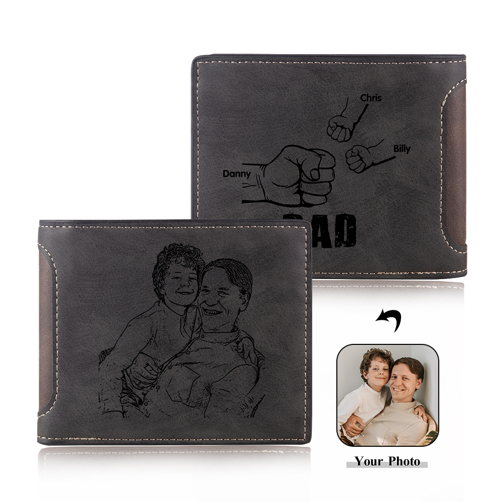 3 Names - Personalized Photo Custom Leather Men's Folding Wallet as a Father's Day Gift for Dad