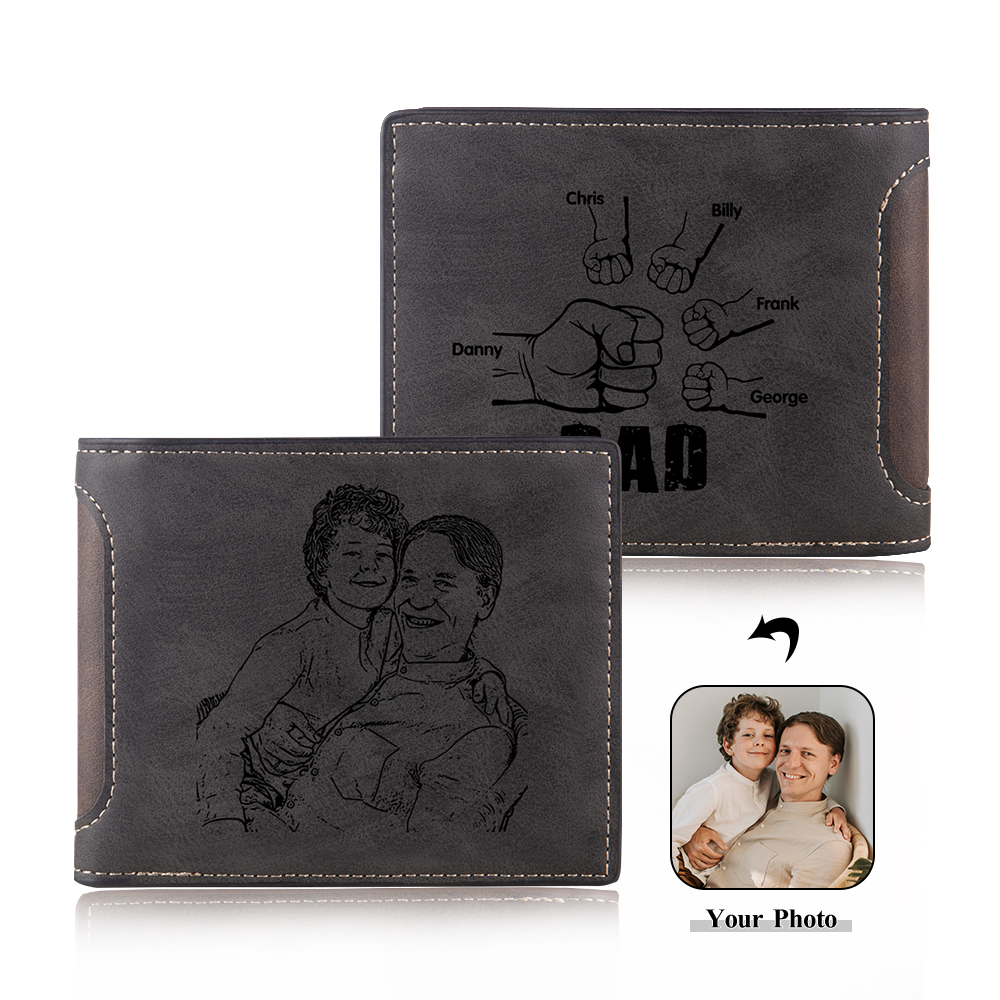 5 Names - Personalized Photo Custom Leather Men's Folding Wallet as a Father's Day Gift for Dad