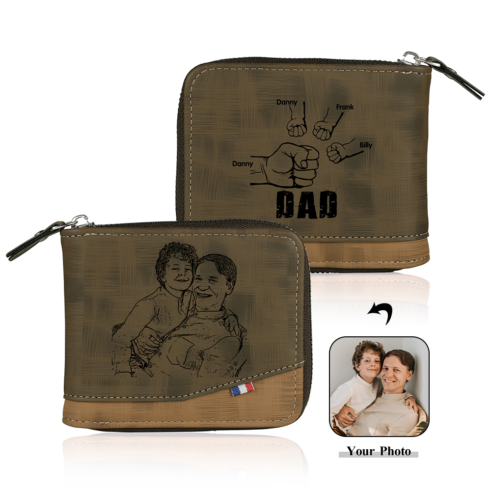 4 Names - Personalized Photo Custom Leather Men's Zipper Wallet as a Father's Day Gift for Dad