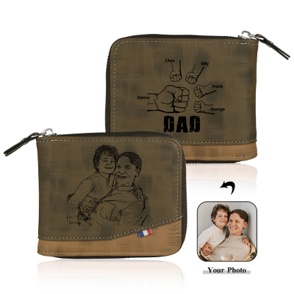 5 Names - Personalized Photo Custom Leather Men's Zipper Wallet as a Father's Day Gift for Dad