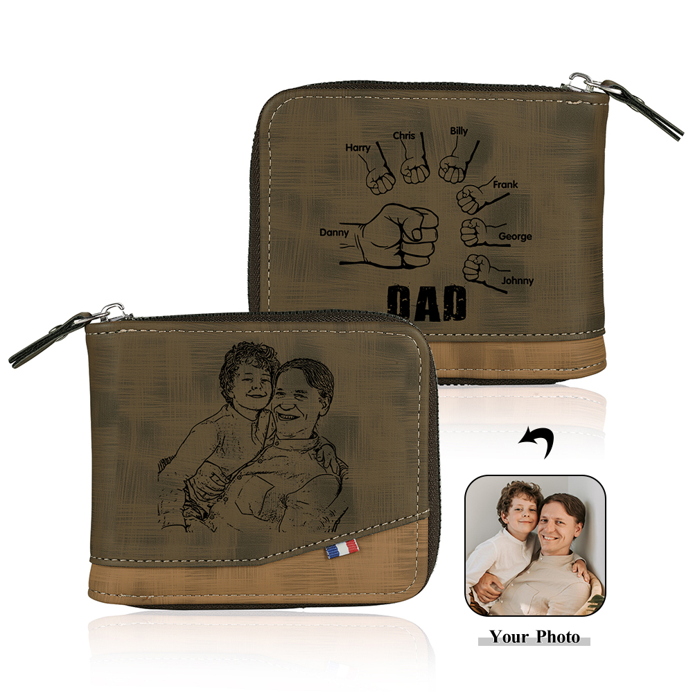 7 Names - Personalized Photo Custom Leather Men's Zipper Wallet as a Father's Day Gift for Dad