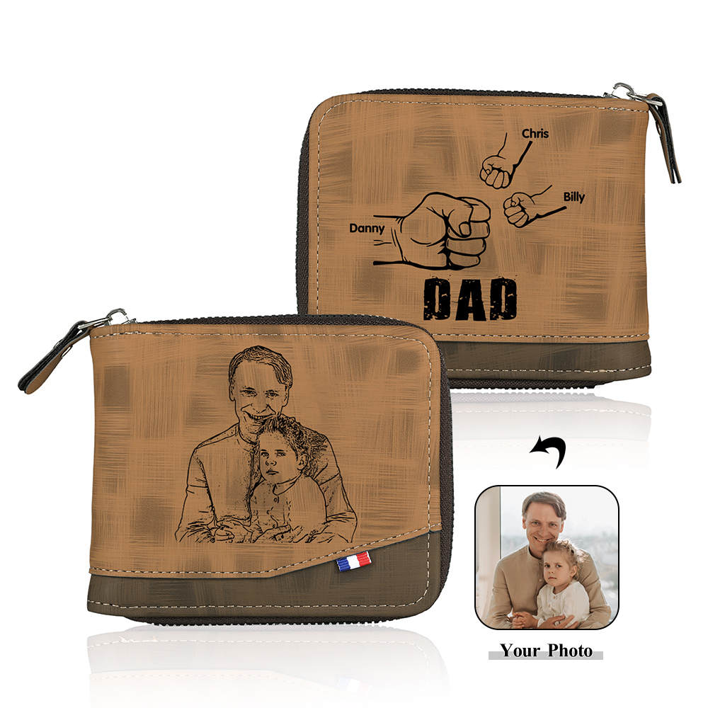 3 Names - Personalized Photo Custom Leather Men's Zipper Wallet as a Father's Day Gift for Dad