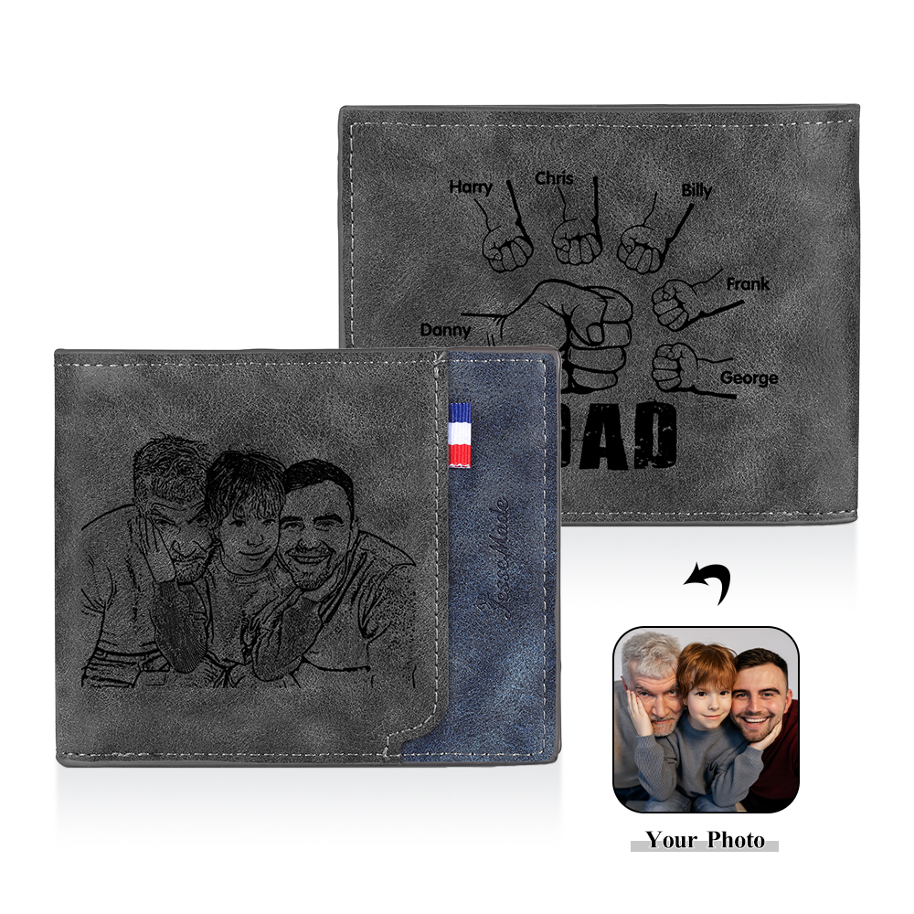 6 Names - Personalized Photo Custom Leather Men's Folding Wallet as a Father's Day Gift for Dad