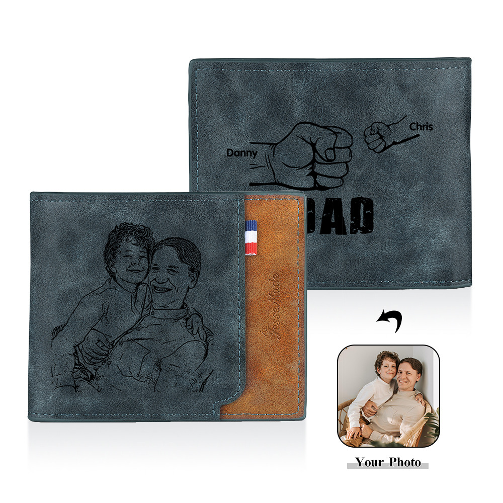 2 Names - Personalized Photo Custom Leather Men's Folding Wallet as a Father's Day Gift for Dad