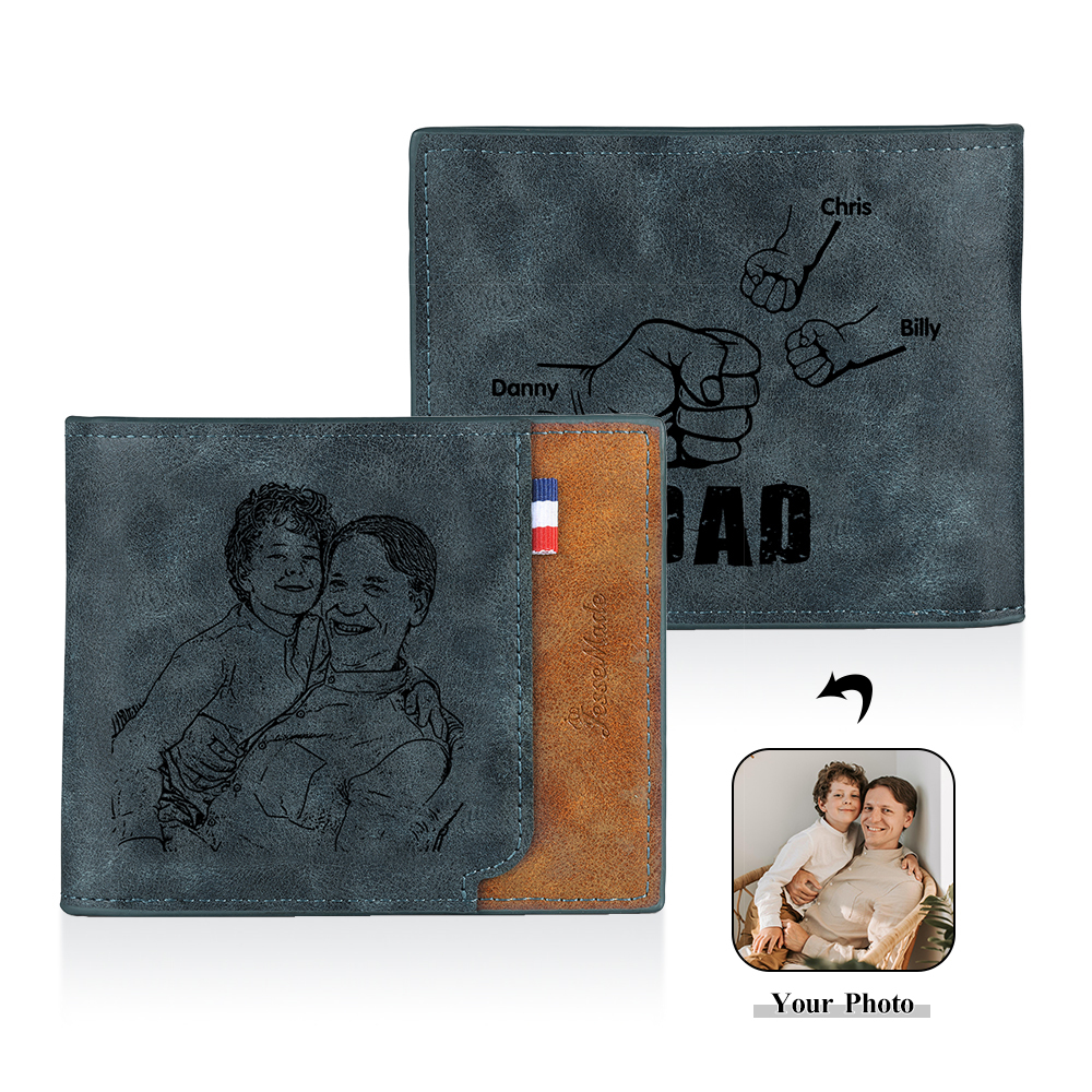 3 Names - Personalized Photo Custom Leather Men's Folding Wallet as a Father's Day Gift for Dad