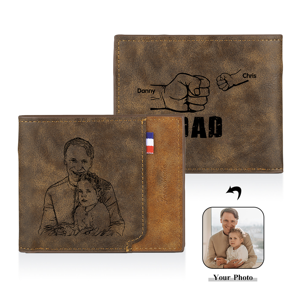 2 Names - Personalized Photo Custom Leather Men's Folding Wallet as a Father's Day Gift for Dad