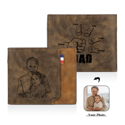 5 Names - Personalized Photo Custom Leather Men's Folding Wallet as a Father's Day Gift for Dad
