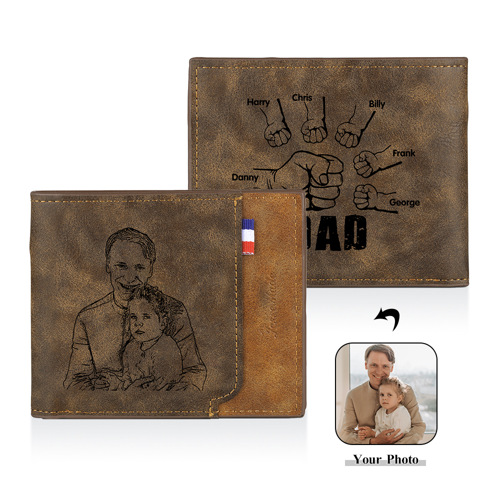 6 Names - Personalized Photo Custom Leather Men's Folding Wallet as a Father's Day Gift for Dad