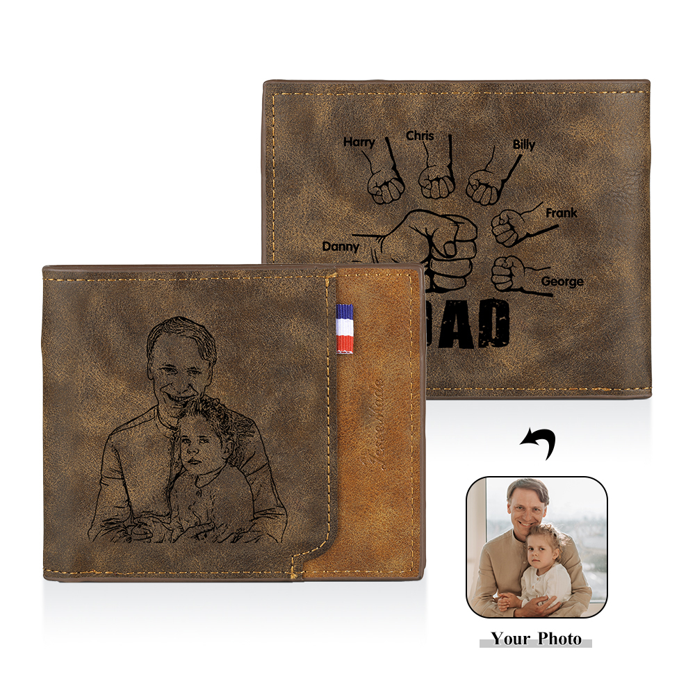 6 Names - Personalized Photo Custom Leather Men's Folding Wallet as a Father's Day Gift for Dad