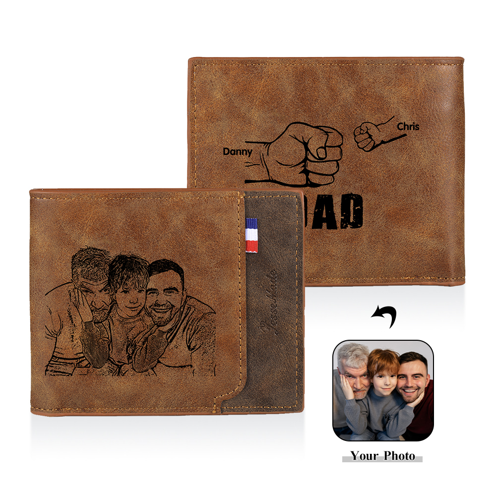2 Names - Personalized Photo Custom Leather Men's Folding Wallet as a Father's Day Gift for Dad