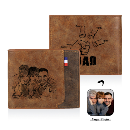 4 Names - Personalized Photo Custom Leather Men's Folding Wallet as a Father's Day Gift for Dad