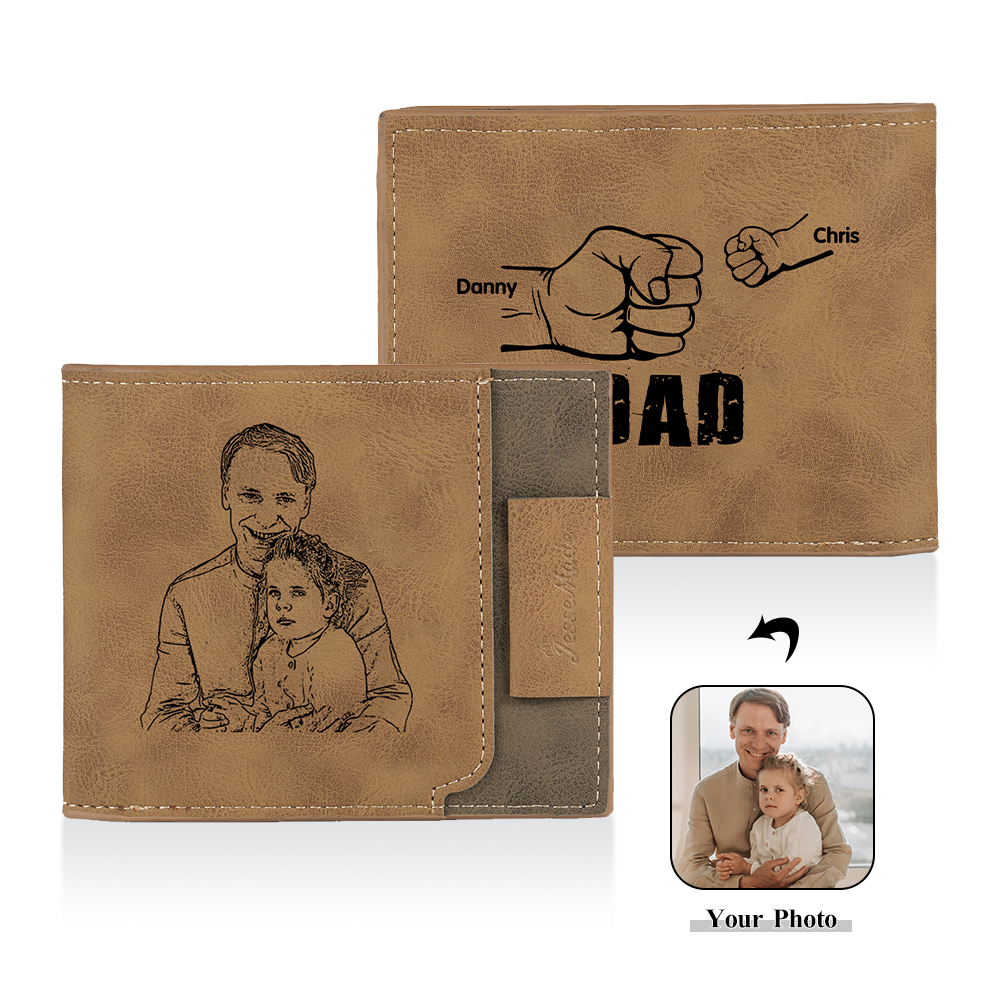 2 Names - Personalized Photo Custom Leather Men's Folding Wallet as a Father's Day Gift for Dad
