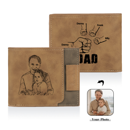 4 Names - Personalized Photo Custom Leather Men's Folding Wallet as a Father's Day Gift for Dad