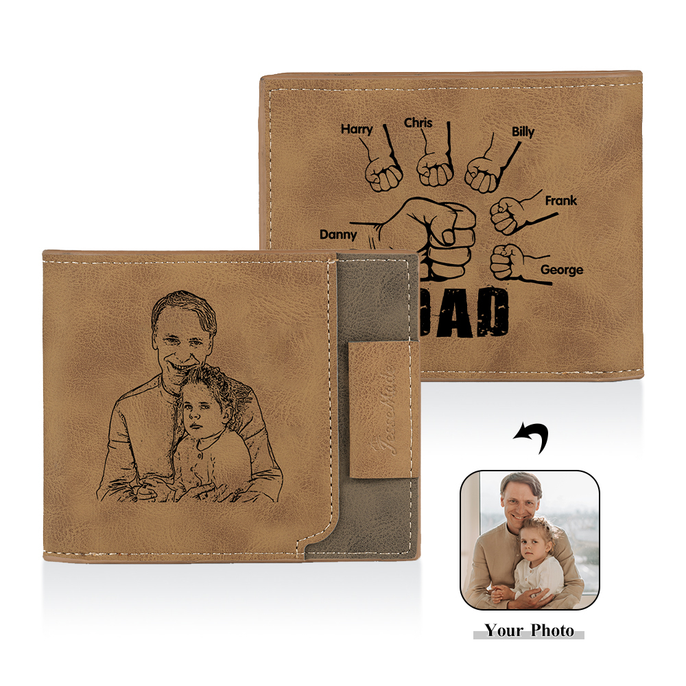 6 Names - Personalized Photo Custom Leather Men's Folding Wallet as a Father's Day Gift for Dad