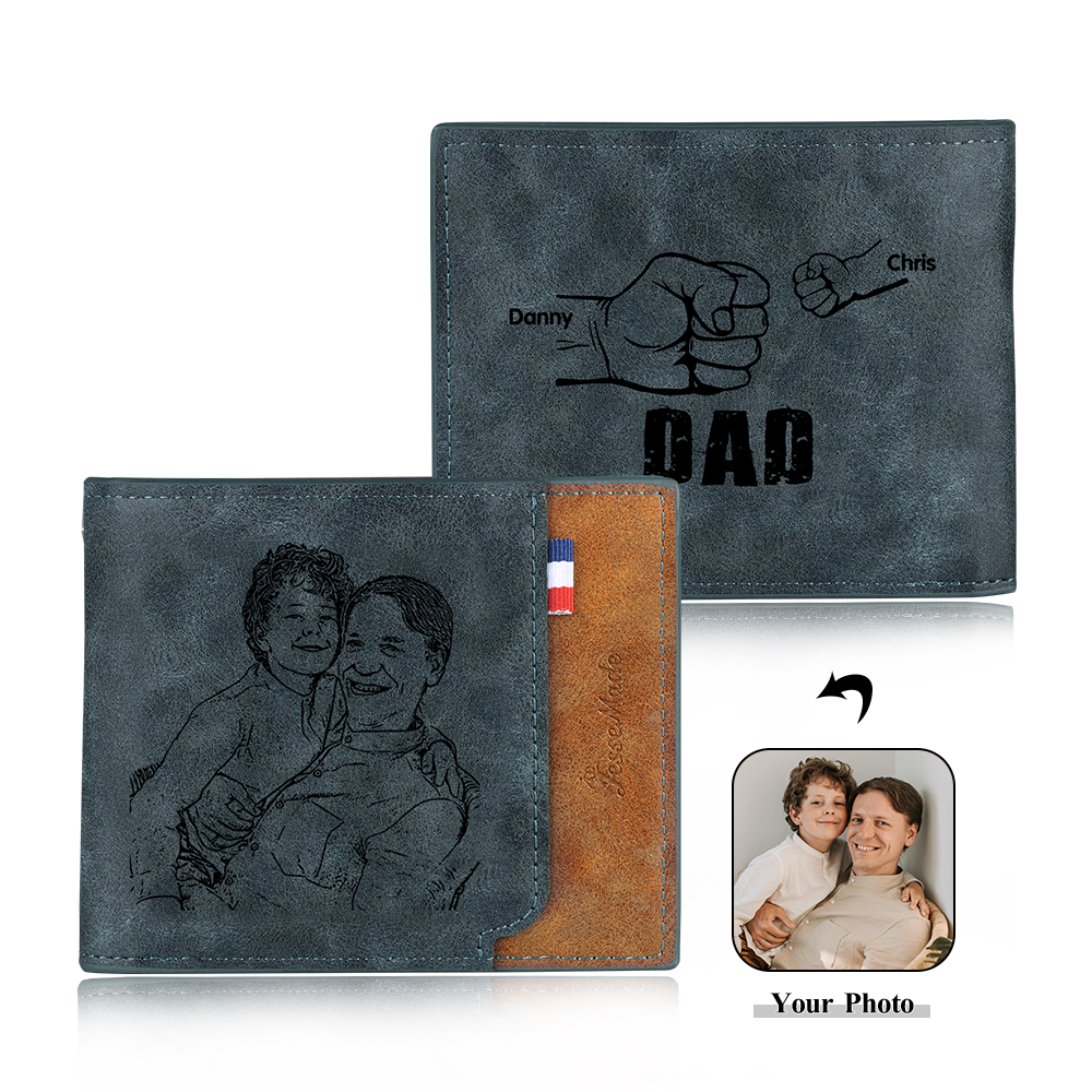 2 Names - Personalized Photo Custom Leather Men's Wallet as a Father's Day Gift for Dad