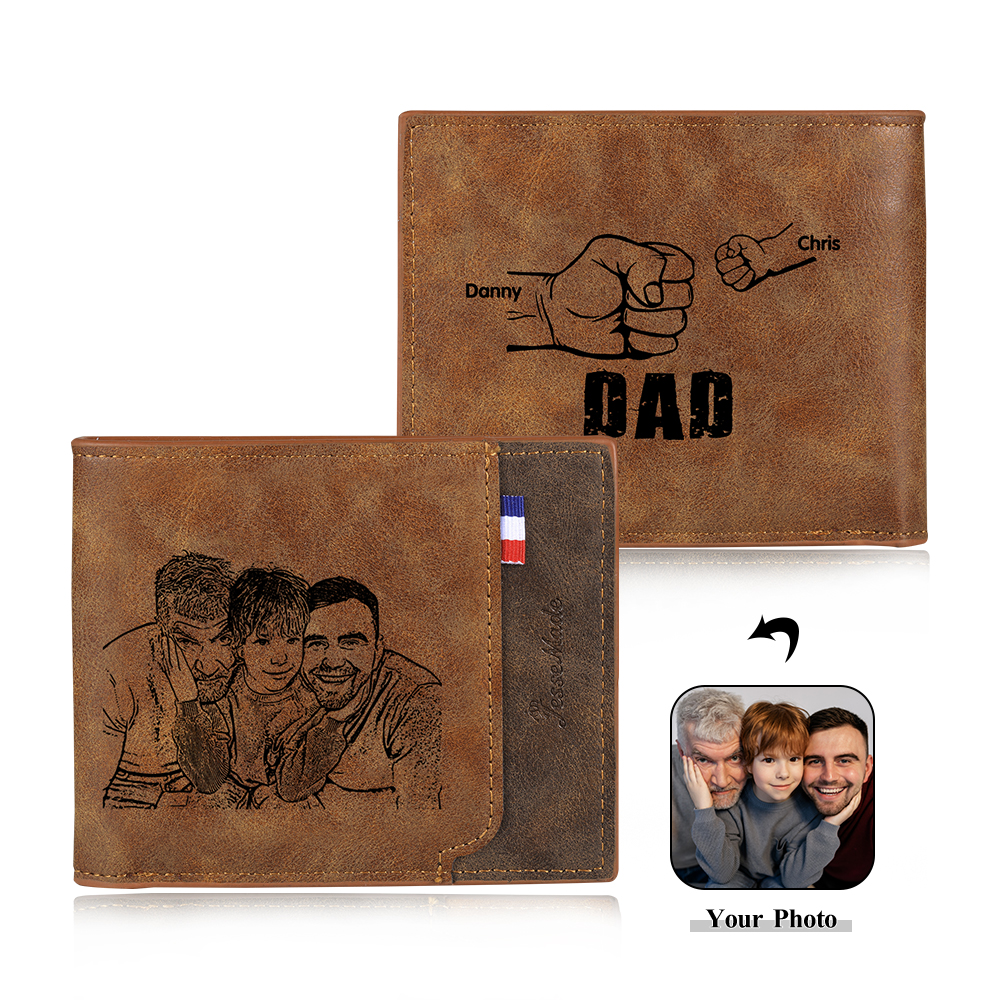 2 Names - Personalized Photo Custom Leather Men's Wallet as a Father's Day Gift for Dad