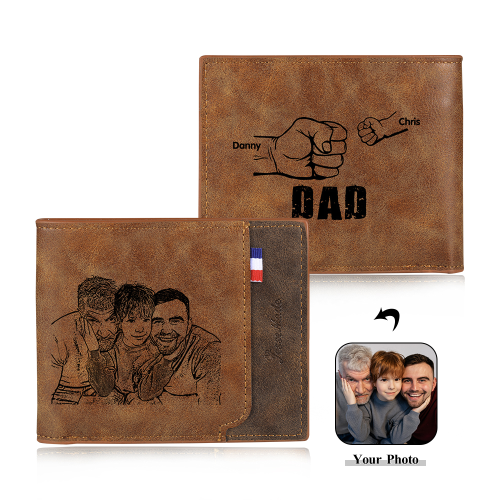 2 Names - Personalized Photo Custom Leather Men's Wallet as a Father's Day Gift for Dad