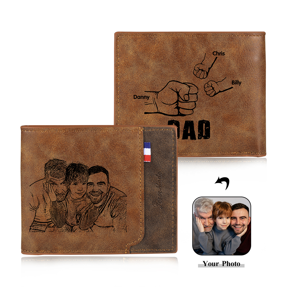 3 Names - Personalized Photo Custom Leather Men's Wallet as a Father's Day Gift for Dad