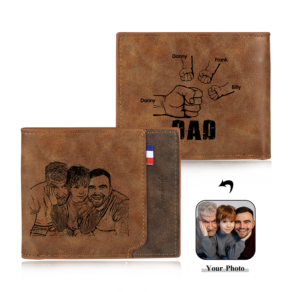 4 Names - Personalized Photo Custom Leather Men's Wallet as a Father's Day Gift for Dad
