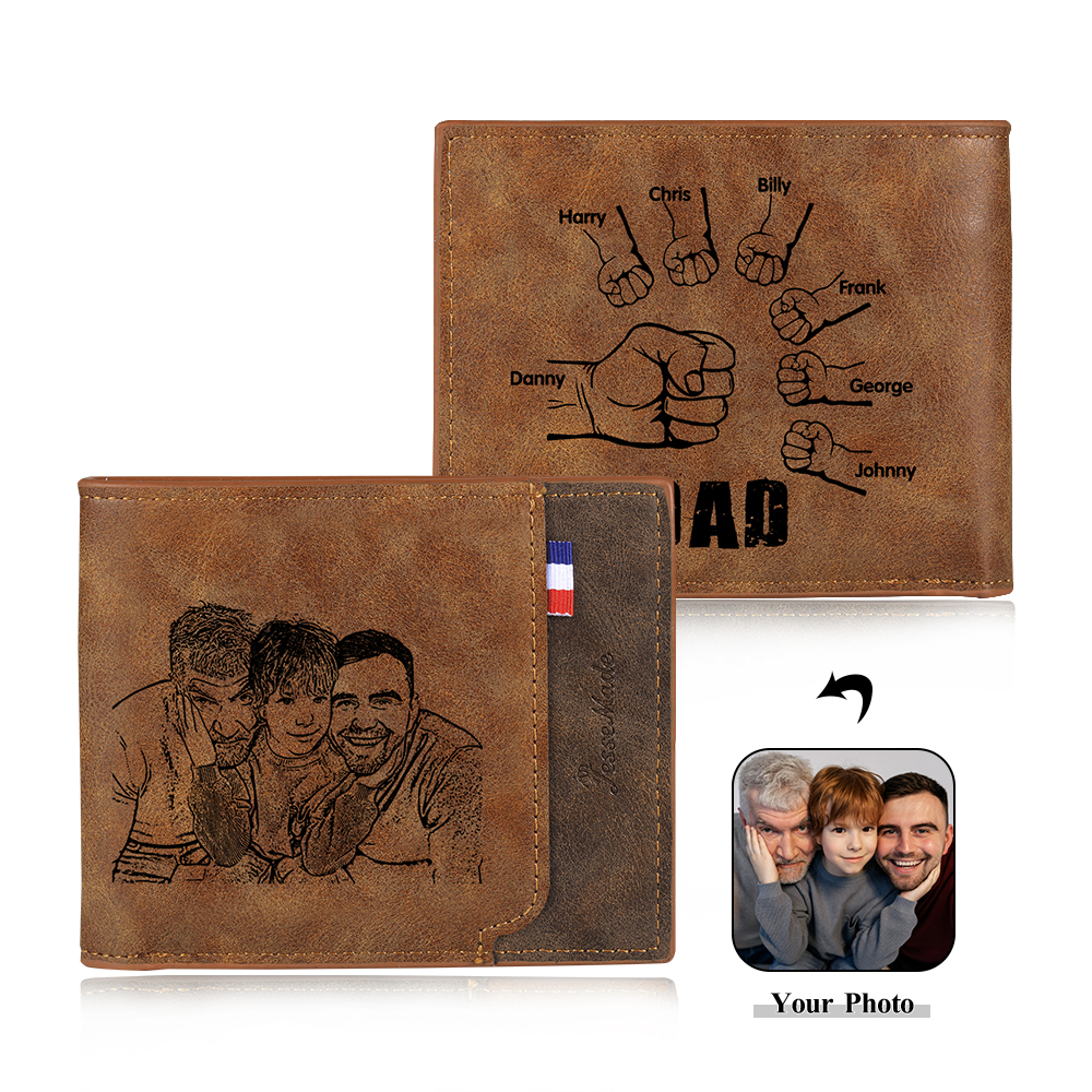 7 Names - Personalized Photo Custom Leather Men's Wallet as a Father's Day Gift for Dad
