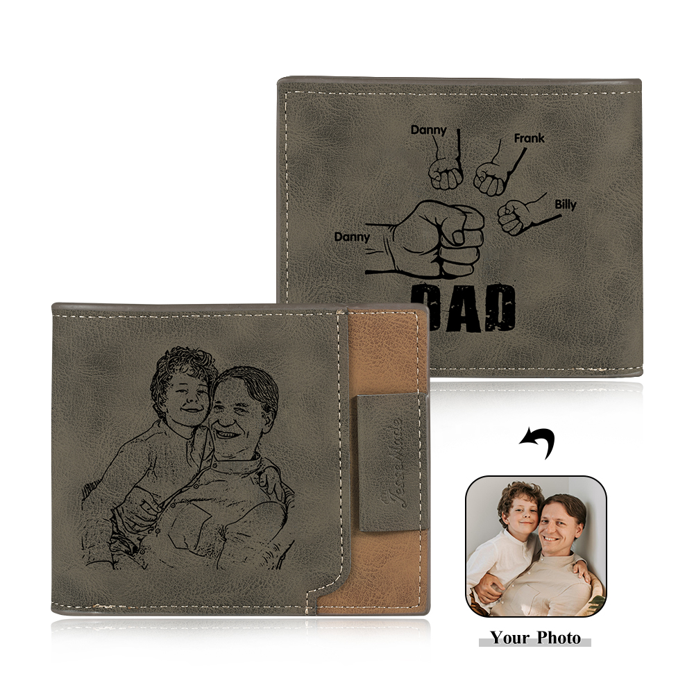 4 Names - Personalized Photo Custom Leather Men's Wallet as a Father's Day Gift for Dad