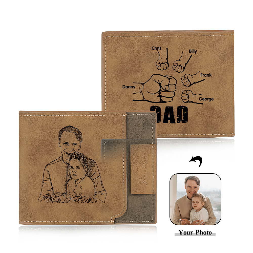 5 Names - Personalized Photo Custom Leather Men's Wallet as a Father's Day Gift for Dad