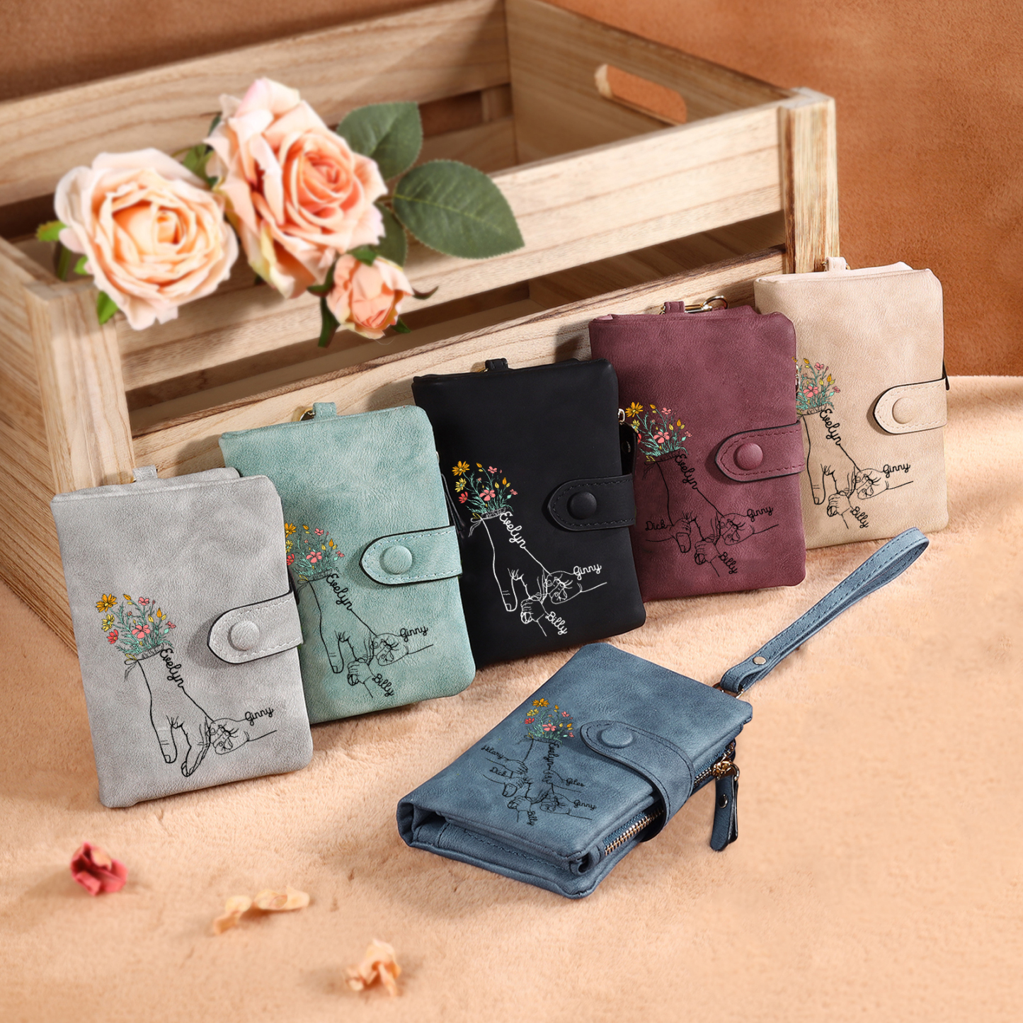 3 Names - Personalized Women's Wallet Customized 3 Names Hand in Hand Folding Women's Wallet Gift for Nan