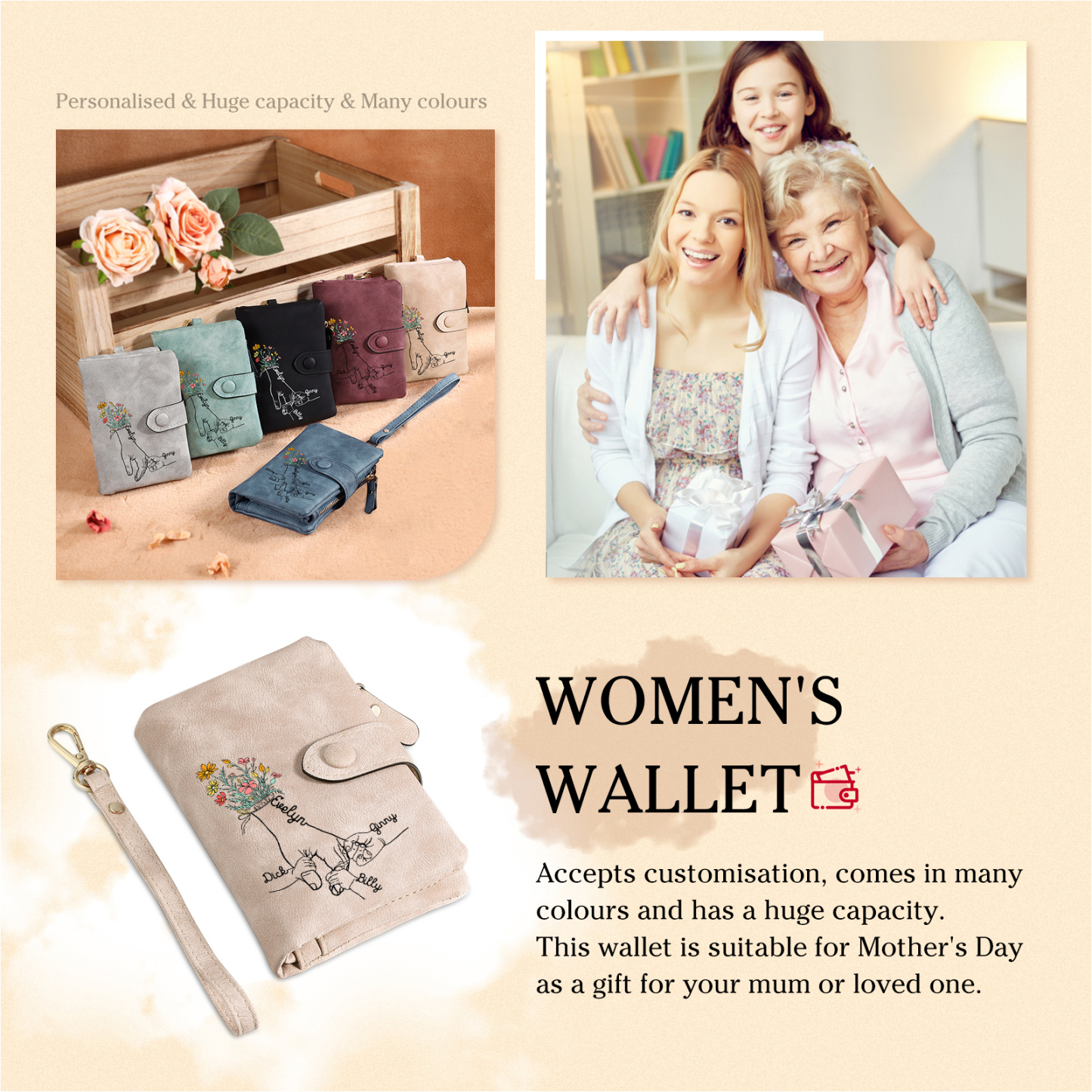 4 Names - Personalized Women's Wallet Customized 4 Names Hand in Hand Folding Women's Wallet Gift for Nan