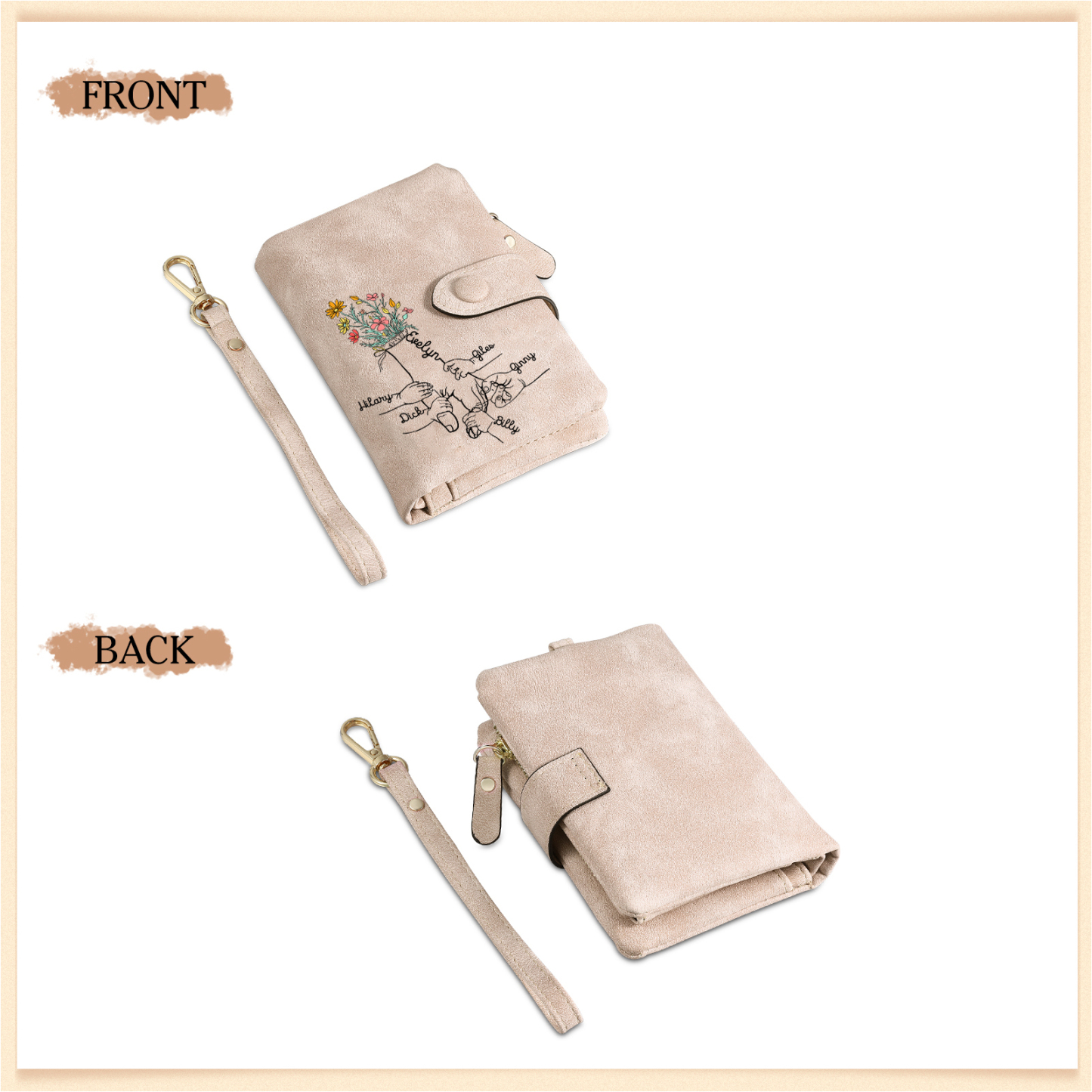 6 Names - Personalized Women's Wallet Customized 6 Names Hand in Hand Folding Women's Wallet Gift for Nan