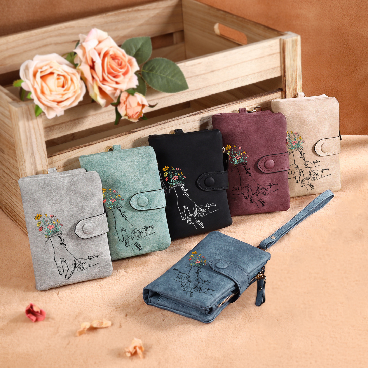 6 Names - Personalized Women's Wallet Customized 6 Names Hand in Hand Folding Women's Wallet Gift for Nan
