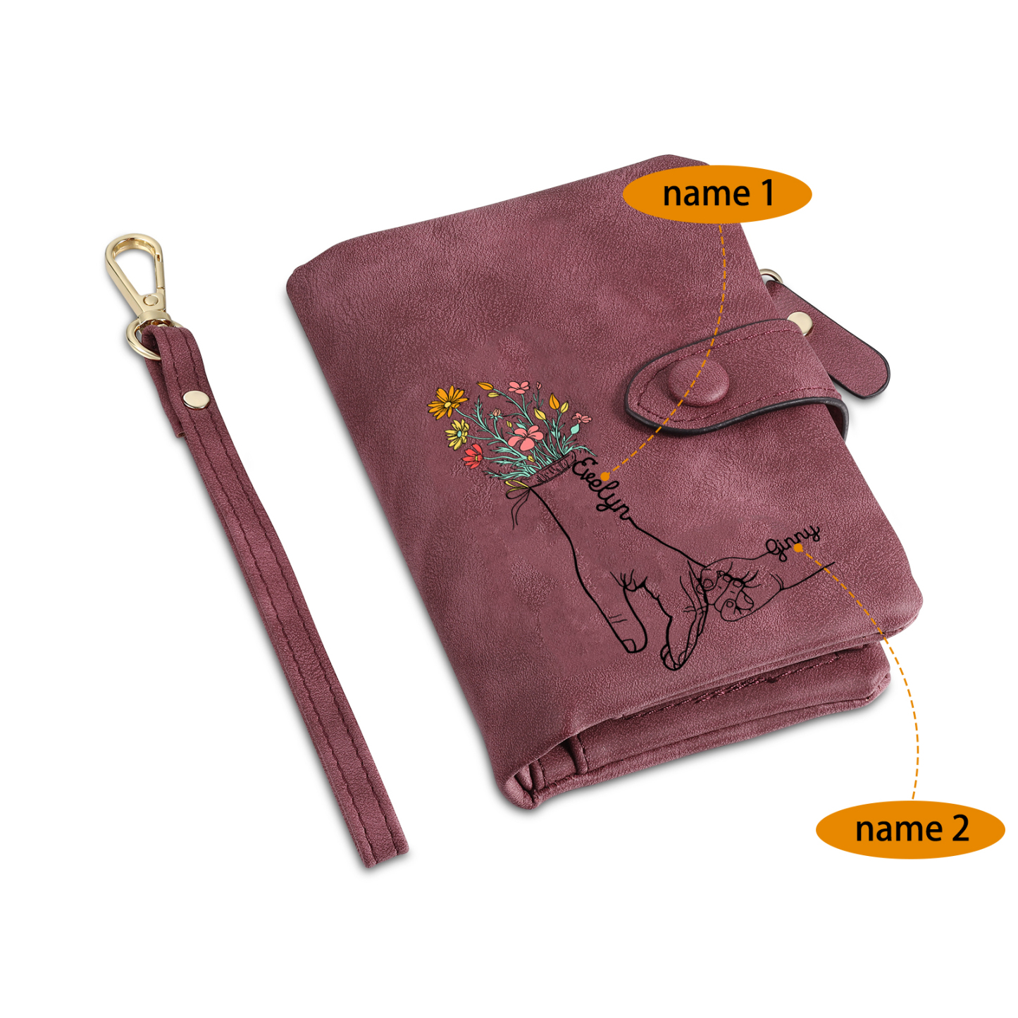 2 Names - Personalized Women's Wallet Customized 2 Names Hand in Hand Folding Women's Wallet Gift for Nan