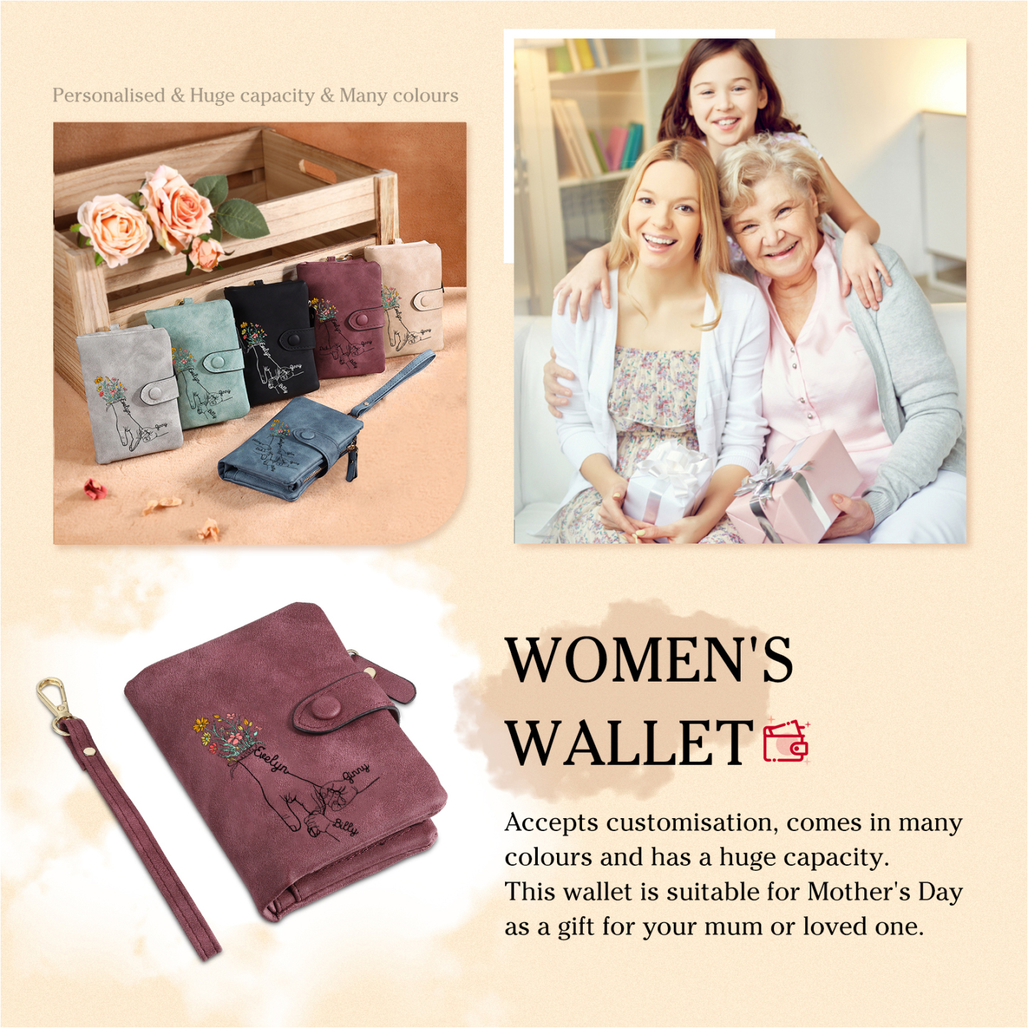 3 Names - Personalized Women's Wallet Customized 3 Names Hand in Hand Folding Women's Wallet Gift for Nan