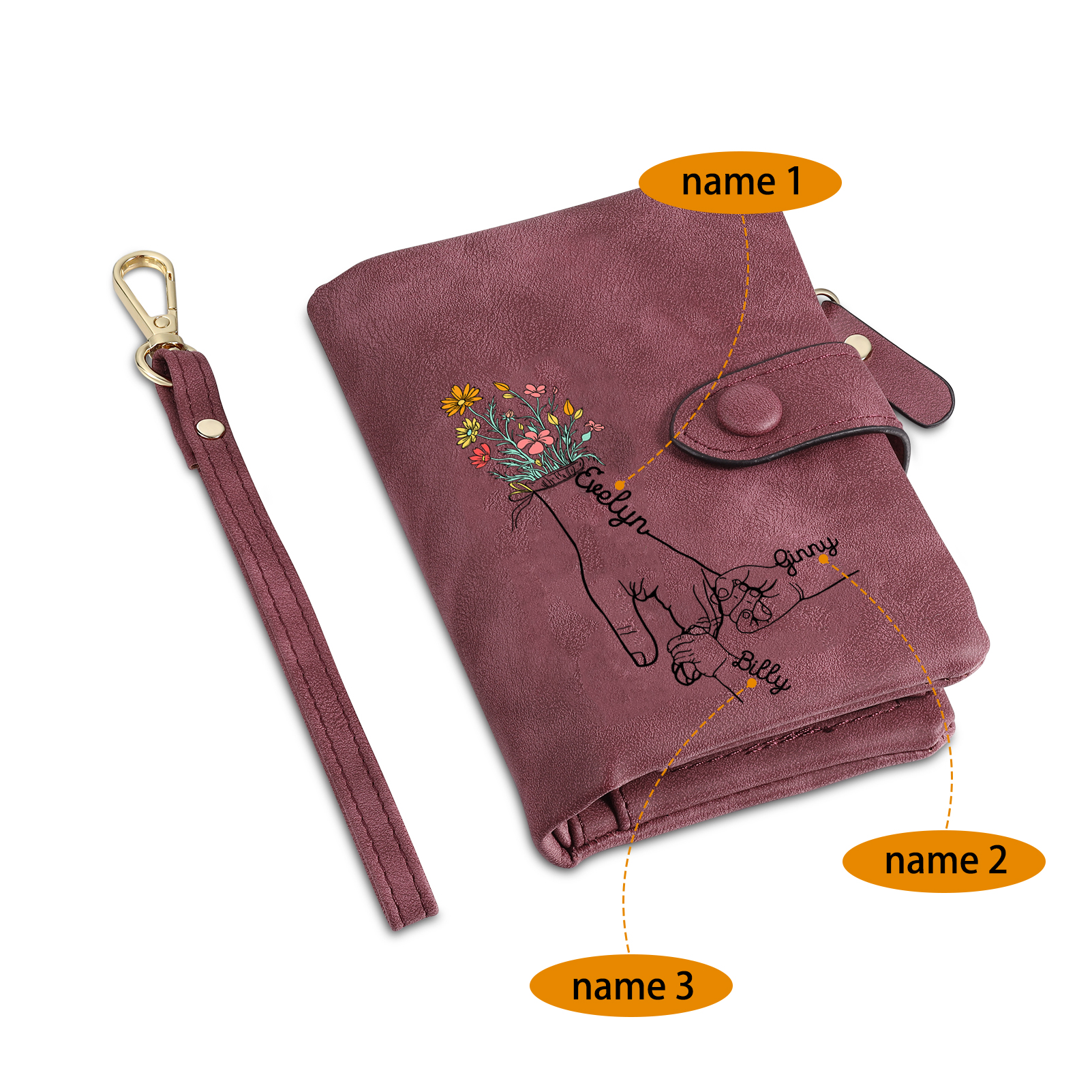 3 Names - Personalized Women's Wallet Customized 3 Names Hand in Hand Folding Women's Wallet Gift for Nan