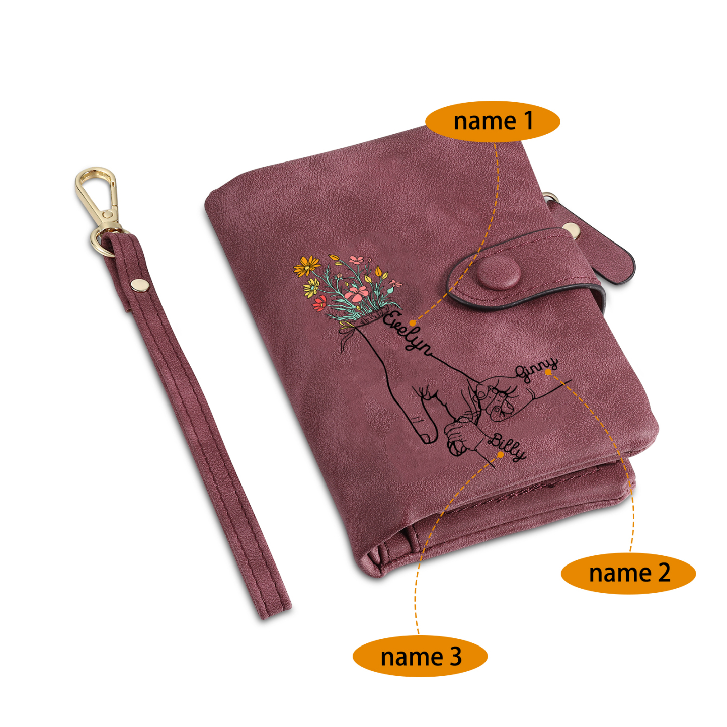 3 Names - Personalized Women's Wallet Customized 3 Names Hand in Hand Folding Women's Wallet Gift for Nan