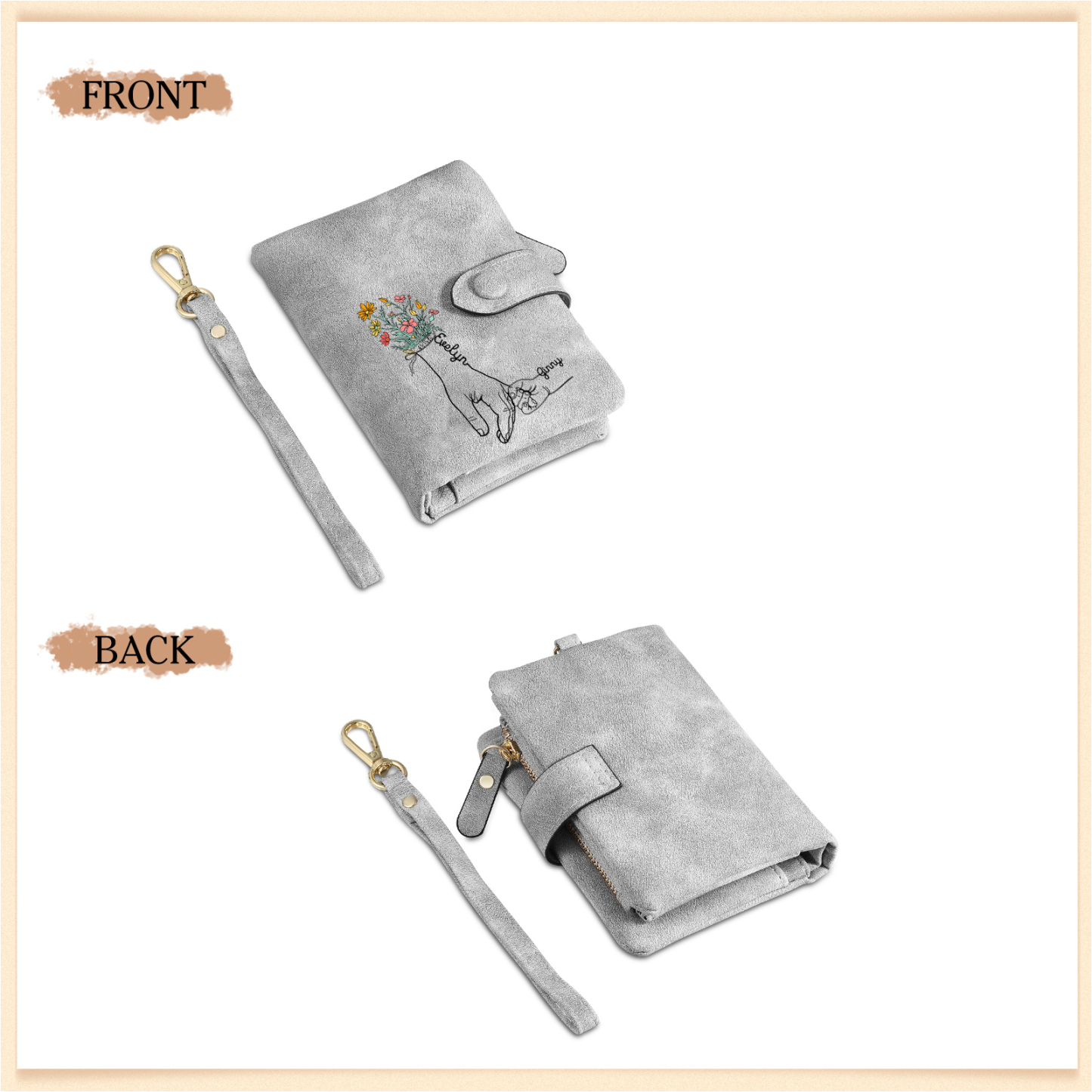 2 Names - Personalized Women's Wallet Customized 2 Names Hand in Hand Folding Women's Wallet Gift for Nan