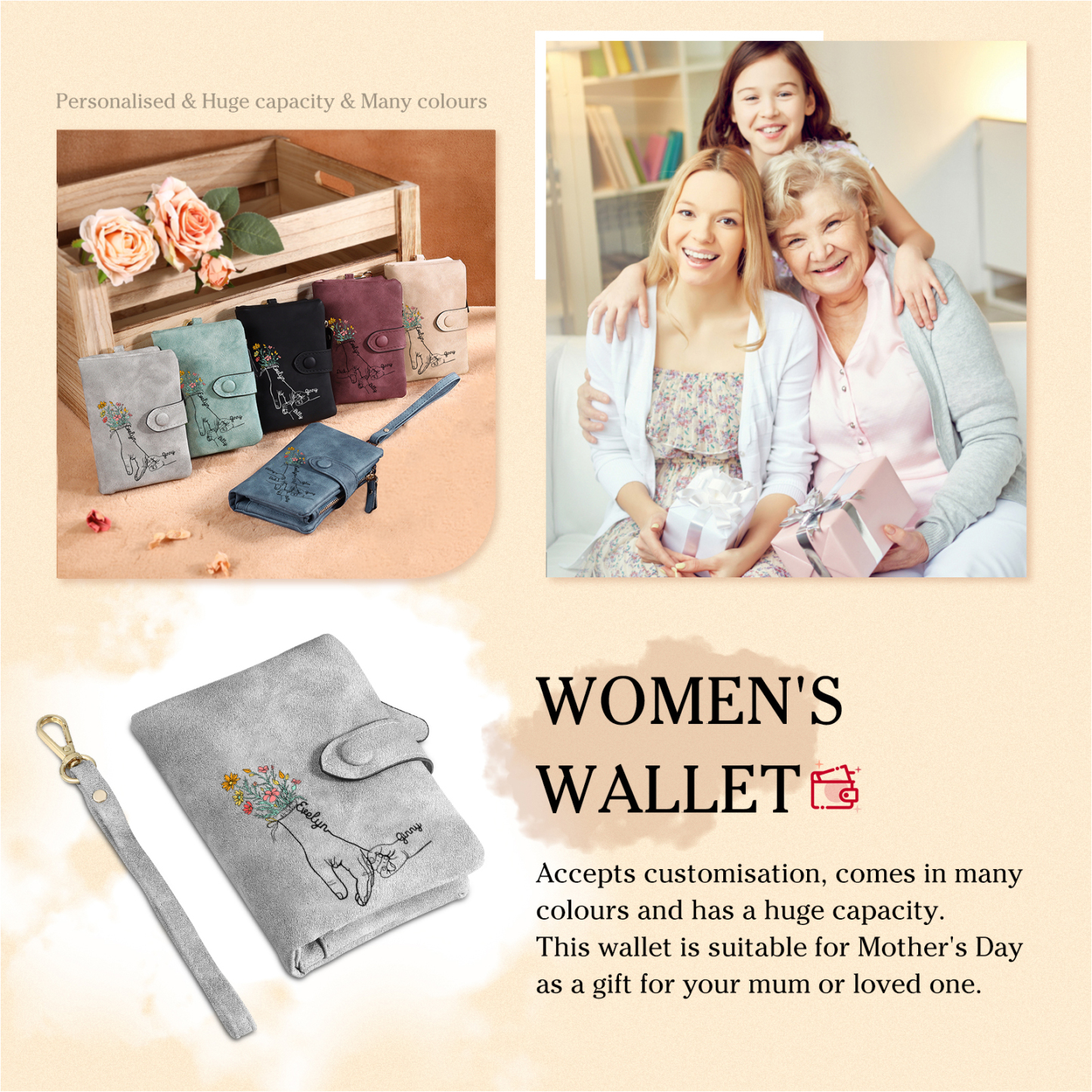 2 Names - Personalized Women's Wallet Customized 2 Names Hand in Hand Folding Women's Wallet Gift for Nan