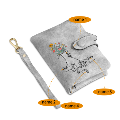 4 Names - Personalized Women's Wallet Customized 4 Names Hand in Hand Folding Women's Wallet Gift for Nan