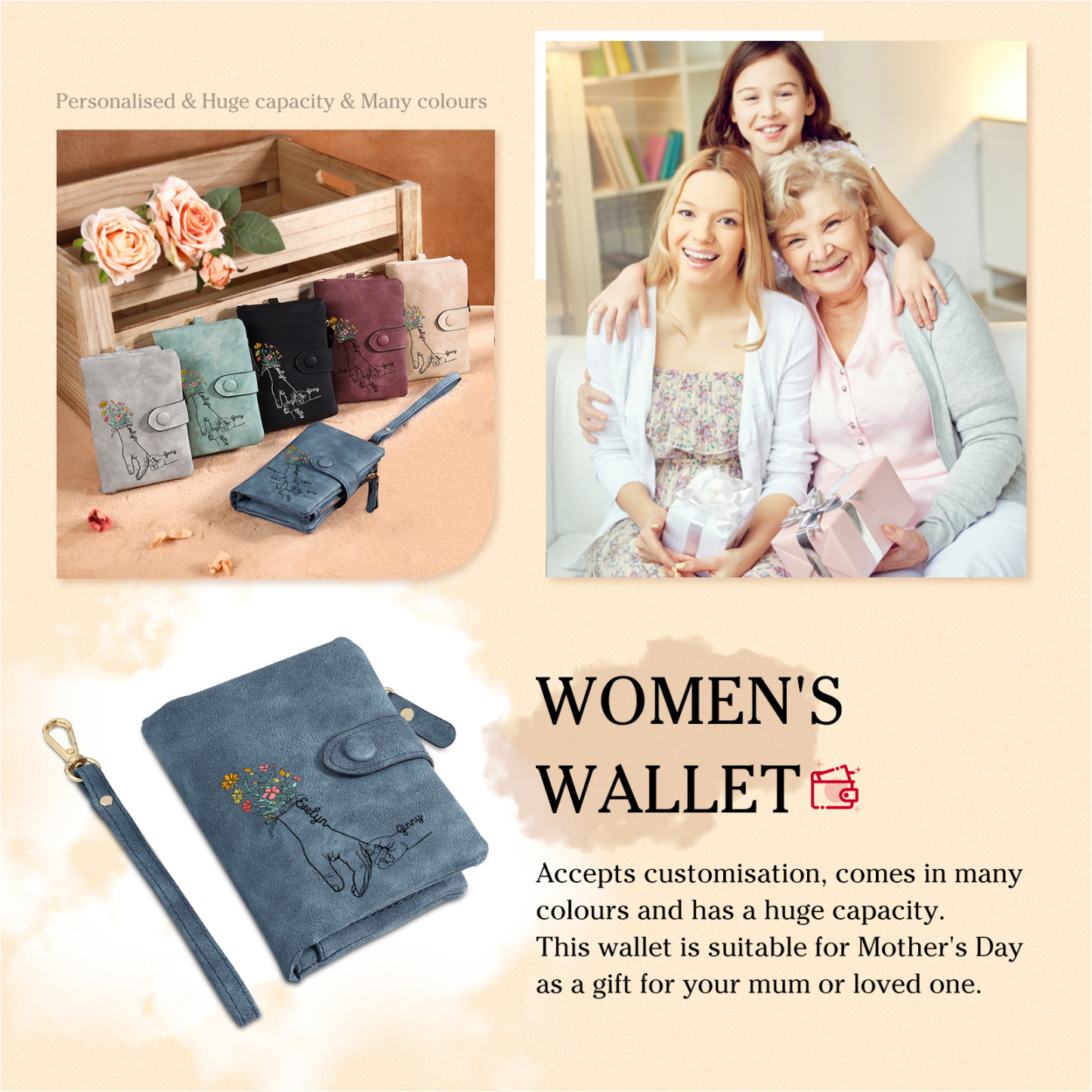 2 Names - Personalized Women's Wallet Customized 2 Names Hand in Hand Folding Women's Wallet Gift for Nan