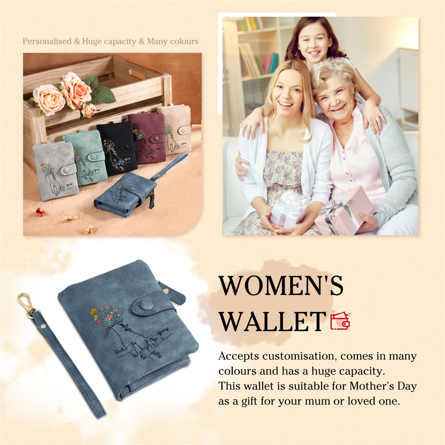 4 Names - Personalized Women's Wallet Customized 4 Names Hand in Hand Folding Women's Wallet Gift for Nan